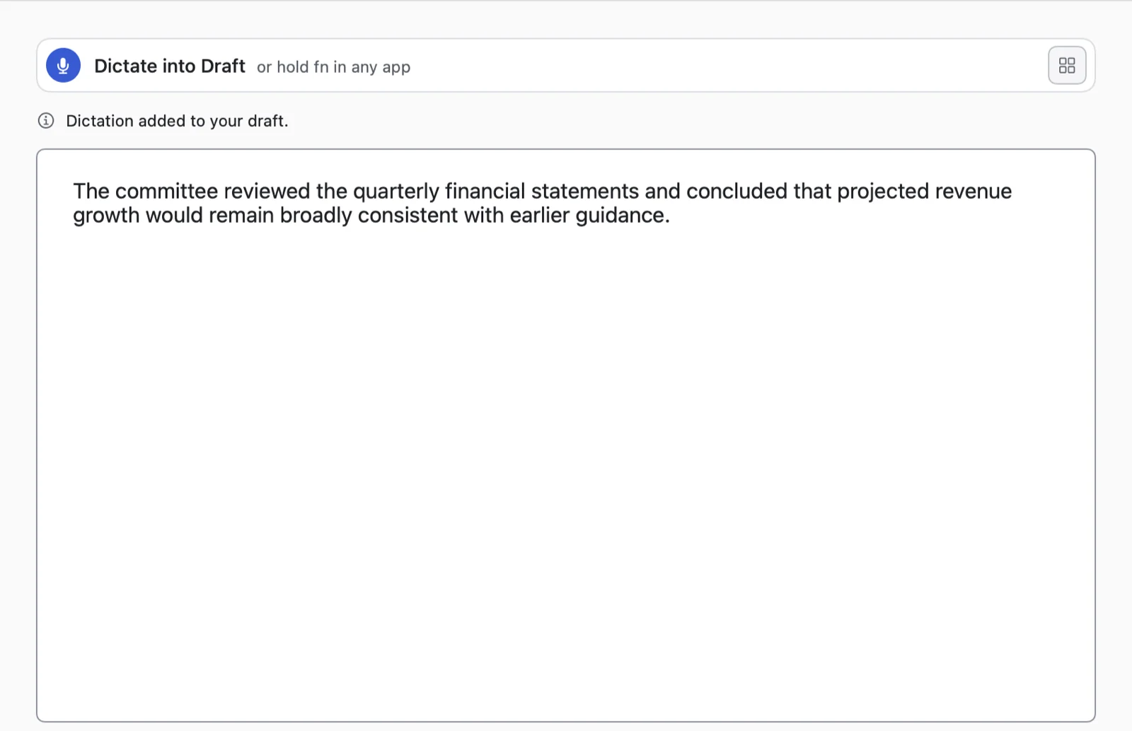 FlowClone's Draft view containing the transcribed test passage, word for word, with “Dictation added to your draft” above it and a 20-word count below.